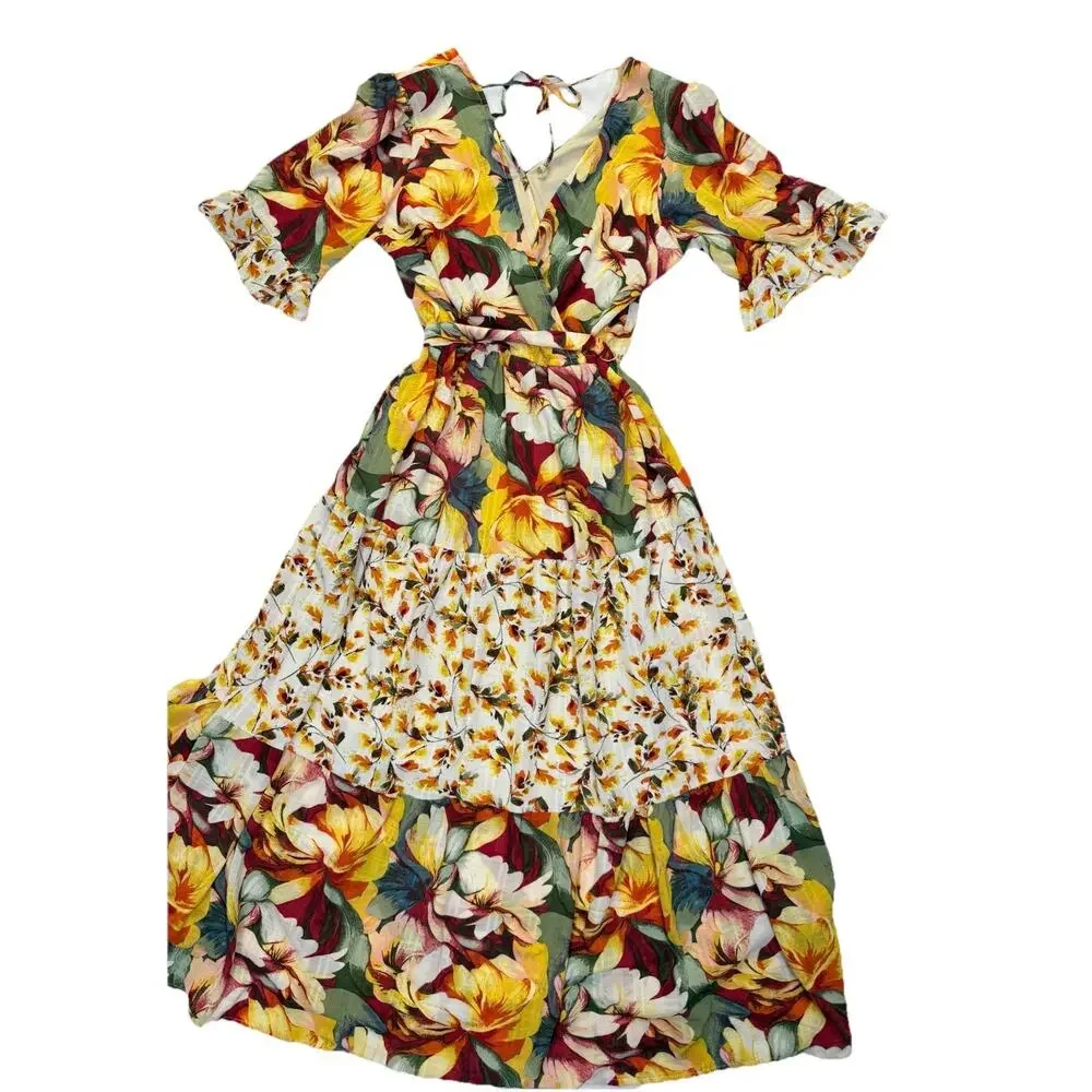 Figueroa & Flower Maxi Dress Women’s Sz L Flutter Sleeve Tiered Floral Tie Waist - Picture 3 of 11